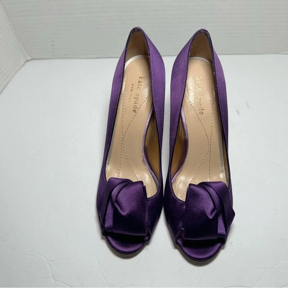 Kate Spade Women’s Purple Satin Peep Toe High Heels with Bow Accent- Size 6.5